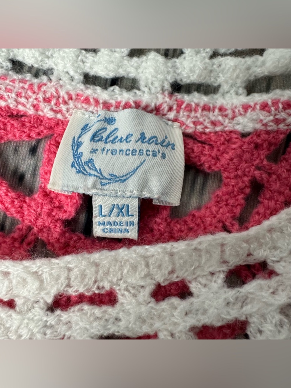 Blue Rain by francesca’s Crochet Floral Knit Top Pink Cream Bell Sleeves Sz L/XL - Picture 2 of 9
